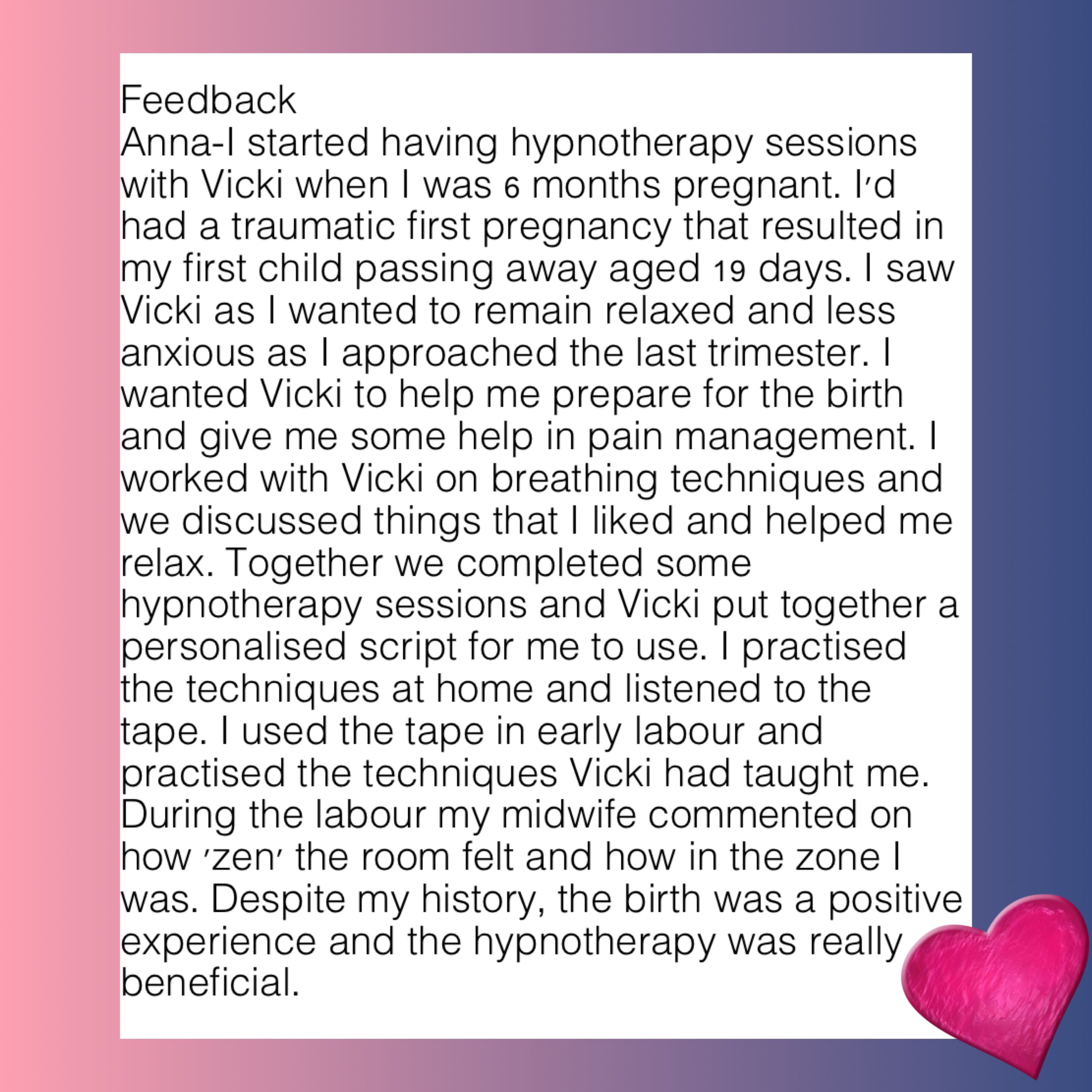 Testimonial - Hypnotherapy - Anna